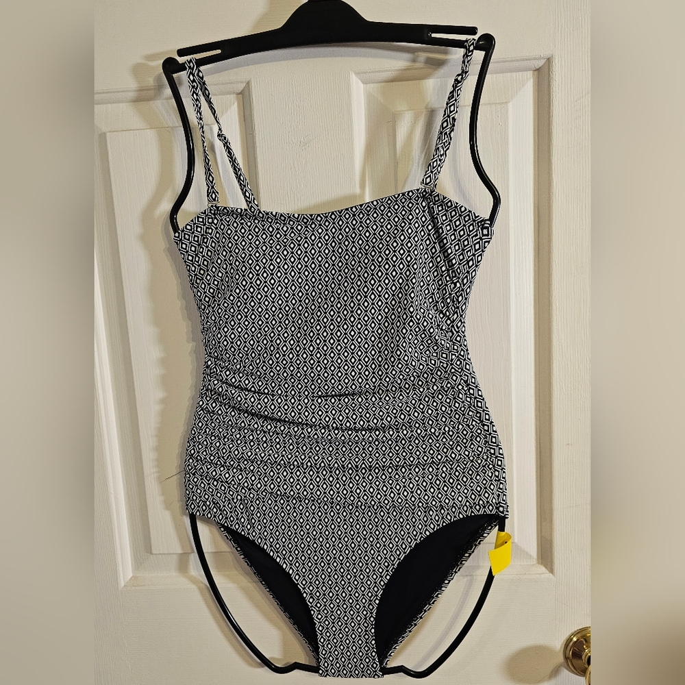 New DKNY Women Tummy Control Swimsuit Diamond Bandeau Blk/White Size Small